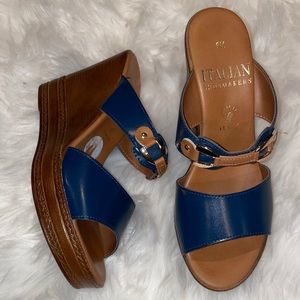 Italian Shoemakers wedges. Blue and brown leather